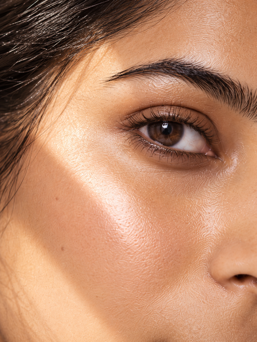 AI-generated close-up editorial of skin texture and an eye